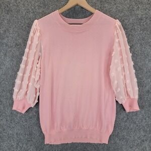 Macaron Sweater Womens XL Pink Sheer Organza Puff Sleeve Polka Dot Knit Pullover